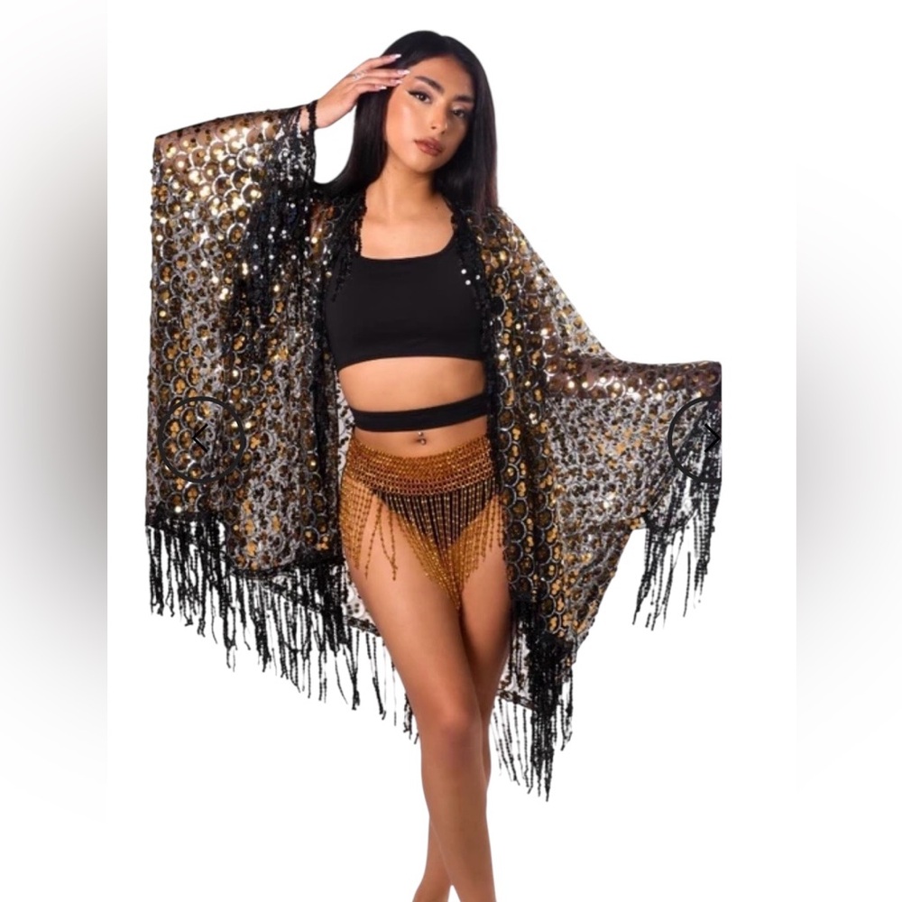EDC Black and Gold Sequin Women's Tassel Kimono